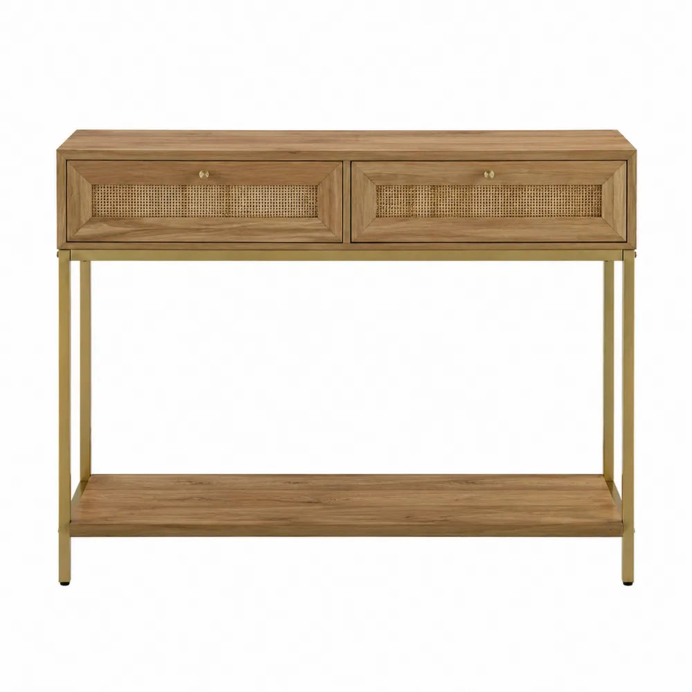 Drewniana konsola z rattanowymi szufladami i metalowym stelażem 120x35x80 cm