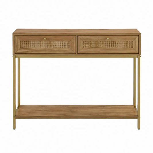 Drewniana konsola z rattanowymi szufladami i metalowym stelażem 120x35x80 cm